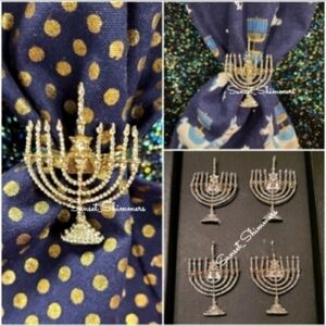 4pc Set Silver Hanukkah Napkin Rings Rhinestone Crystal Minorah 2.5" New